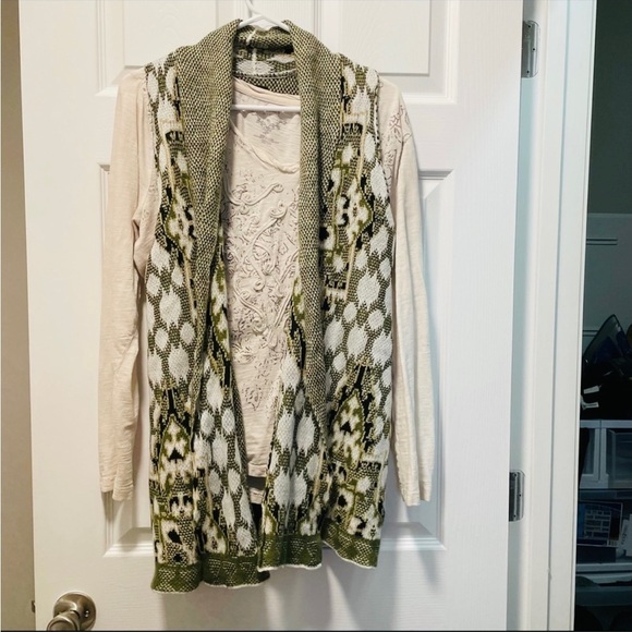 New Directions Cascade Open Front Sweater Vest Green White… - Picture 4 of 9